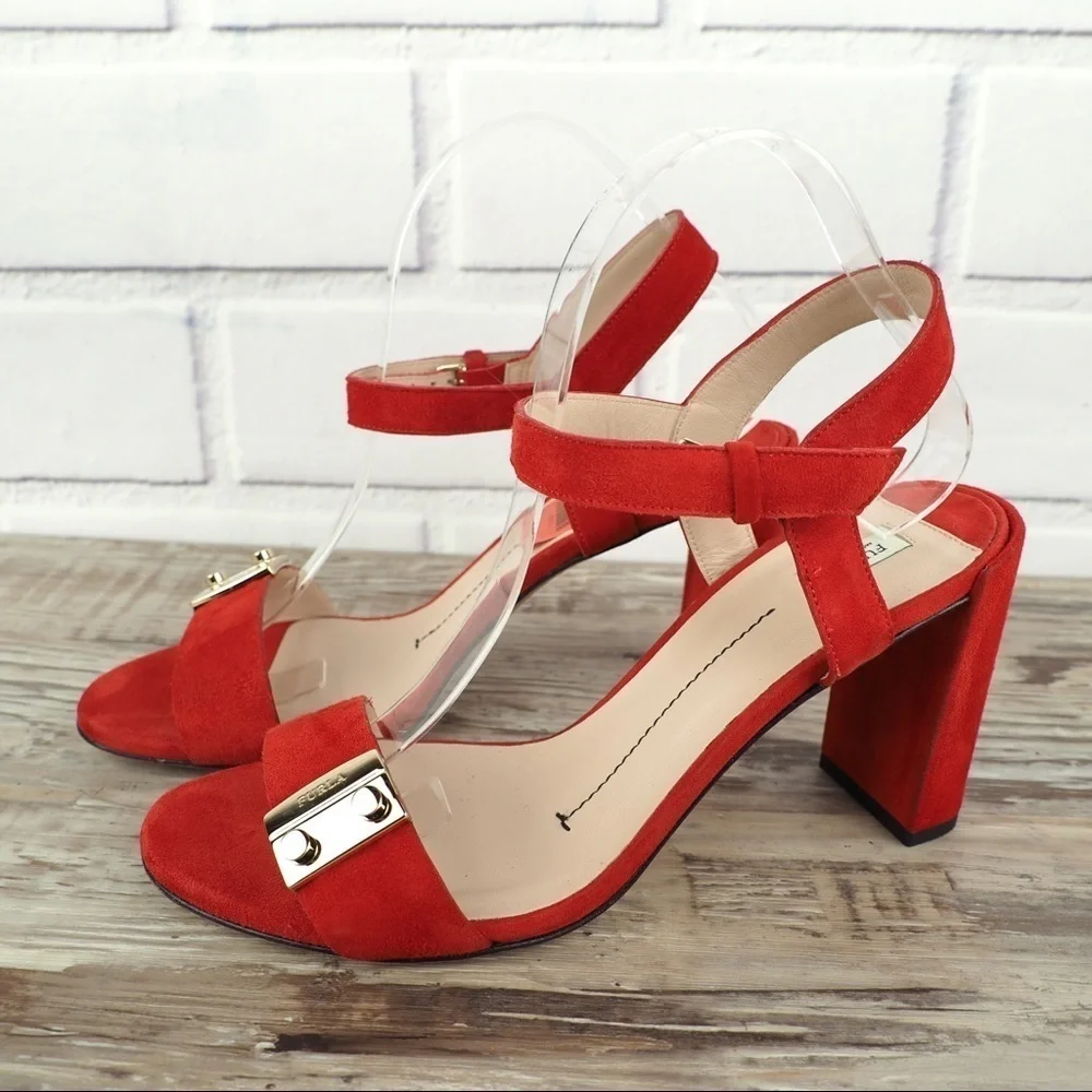 FURLA sz 39.5 METROPOLIS SANDAL ANKLE STRAP PEPERONCINO red suede strappy